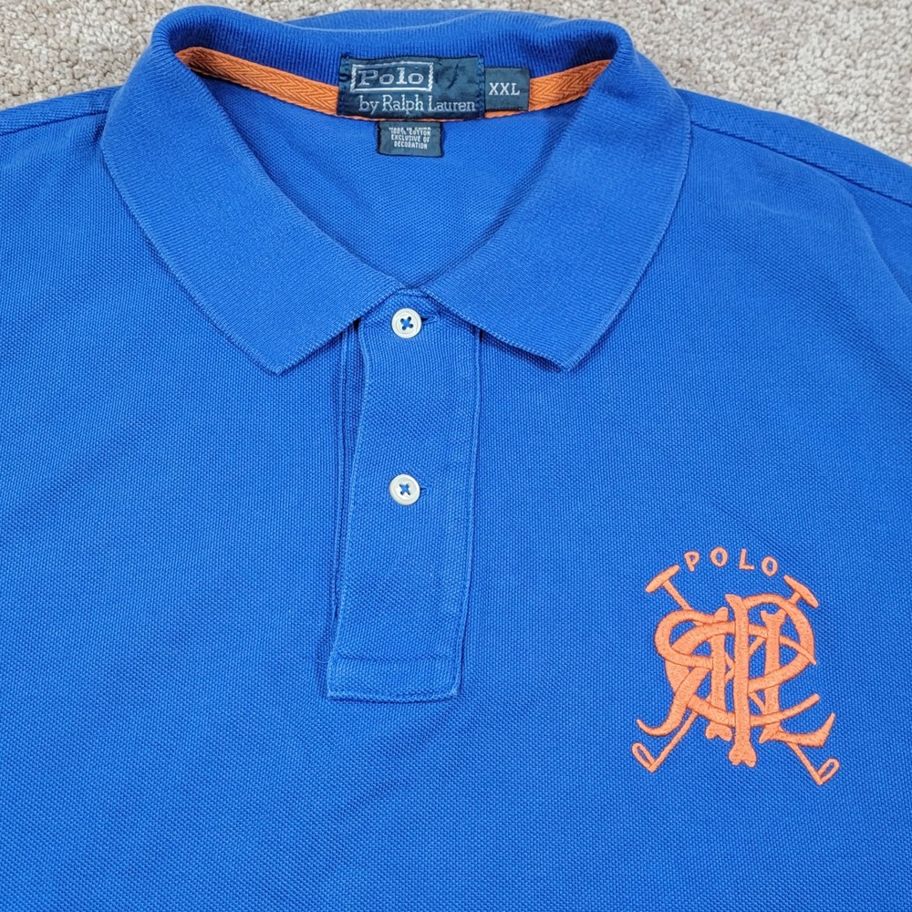 Polo Ralph Lauren Mens XXL Royal Blue Orange Crest Logo Pique Polo Shirt